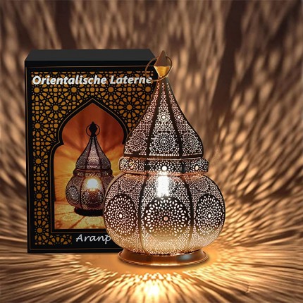 Aranp Orientalische Lampe Gold 36cm für Kerzen Lampen E27 Fassung und LED Lichterketten | Innen und Außen Deko | Marokkanische Laterne | Arabisches Windlicht Wetterfest als Gartenlaterne - BHZNJABM