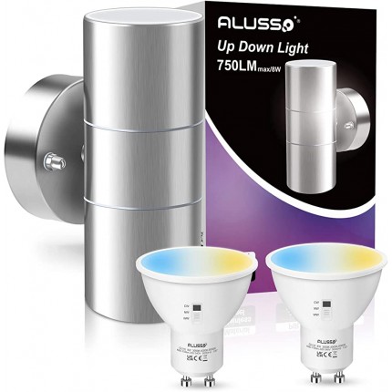 Außenwandleuchte Auf- und Abwärtsleuchte aus Edelstahl 2 x 8 W GU10-LED-Leuchtmittel enthalten 3 Farbtemperatur schaltbar IP65-wasserdichtes Silber-Außensicherheitslicht für Flur-Veranda - BOCIL931