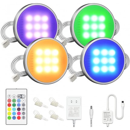 MYPLUS 4 LED-Puck-Lichter-Set mit Fernbedienung Farbwechsel 12 V Schrankleuchten 16 einfarbige und 4 dynamische Modi für Küchenschrank Theke und Regal - BCJZB6BB