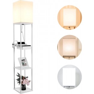 BBHome Modern Stehlampe mit regal aus Holz und Metall 3 Farbtemperaturen 2 USB-Ladeanschlüsse und 1 Schublade Dimmbar LED Stehleuchte für Wohnzimmer Schlafzimmer Weiß Mit Glühbirne - BOZJVKAJ