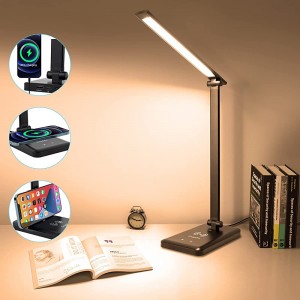 ErayLife LED Schreibtischlampe Desk Lamp mit 5 Helligkeitsstufen und 5 Farben Eye-Friendly Schreibtisch Lampe mit Kabellosem Laden und USB Ladeanschluss für Büro Kinder Schwarz - BPKPQQQD