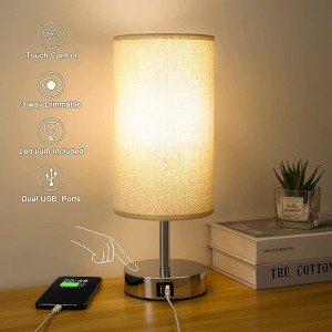 Nachttischlampe Touch Dimmbar Tischlampe mit 2 USB-Ladeanschlüssen Inklusive LED-Birne Beige Lampenschirm Metall Basis Nachtischlampe für Schlafzimmer Wohnzimmer Büro - BTXGVK12