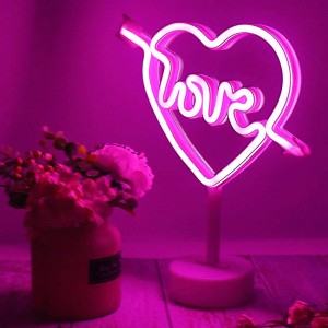 Neonlicht Love Herz Pfeil pink Nachtlicht mit Fuß Sockel NEON LED Licht batteriebetrieben Aufsteller Tischlampe Leuchtreklame Lampe Leuchte Dekoration Kinderzimmer Schlafzimmer Wohnzimmer Party - BWDSBW32