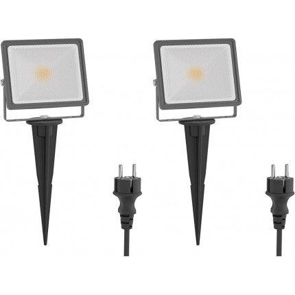 ledscom.de LED Strahler FLIN mit Erdspieß & Stecker Outdoor Scheinwerfer grau IP66 wasserfest 10W 800lm warm-weiß 2 Stk. - BFQFIKAM