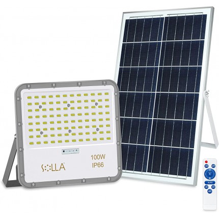 SOLLA 100W 6000K Solar Flutlichter Superhell Solar Sicherheitsleuchten Outdoor IP66 Wasserdicht mit Fernbedienung Dämmerung bis Morgengrauen Sensor 500CM Kabel Solarleuchten für Scheune Hof Weg - BSXIONKE
