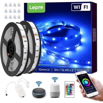 Lepro LED Strip Alexa 10M2x5M Smart RGB Dimmbar LED Streifen Wifi Wlan LED Band,Selbstklebend Superhell Lichtband Lichterkette Stripes mit Fernbedienung Kompatibel mit Alexa,App,Google Home - BSMNRA5H