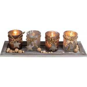 KAMACA XL Holzteller mit LED Kerzen und Dekoration Set aus 4 Glas Kerzenhaltern und 4 LED Teelichtern Winter Advent Weihnachten 40 x 15 x 15 cm - BCYCVQ94