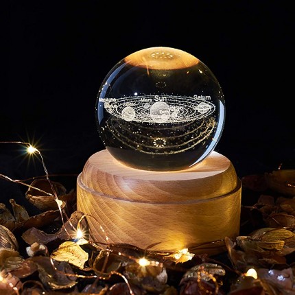 OurLeeme 3D Kristallkugel Spieluhr Kristallkugel mit Nachtlicht Spieluhr mit LED Projektionsleuchte Holzsockel für Weihnachten Geburtstags-Erntedankgeschenk Sonnensystem - BYSDXK8K
