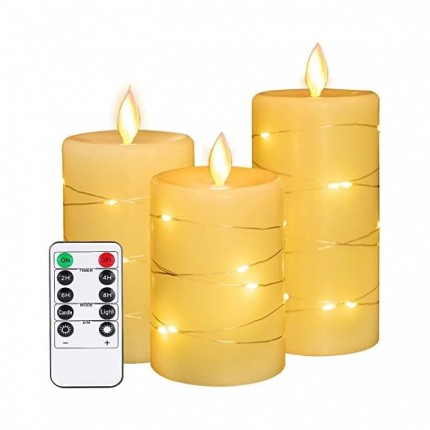 LED-Kerzen mit eingebetteten Lichterketten 4" 5" 6" Set aus 3-teiligen flammenlosen Kerzen mit 10-Tasten-Fernbedienung 24-Stunden-Timer-Funktion tanzende Flamme batteriebetrieben mit Echtwachs - BYCZS3NK