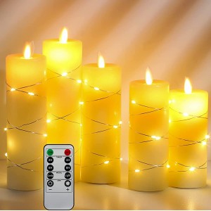 LED Kerzen mit eingebetteten Lichterketten Da by 5-LED-Kerzen mit 10-Tasten-Fernbedienung 24-Stunden-Timer-Funktion tanzender Flamme echtem Wachs batteriebetrieben. - BEWOBHQJ